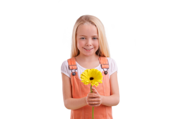Fashion, casual and portrait of girl with flower for surprise, gift or present for love or valentines day. Cute, model and young child with yellow floral plant isolated by transparent png background.
