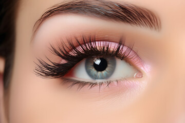 Close up of woman's eye makeup with pink eye shadow and long fake eye lashes