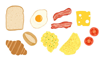 Set of breakfast foods. Hand drawn vector illustration.	
Toast, fried egg, bacon, cheese, omelette, scramble egg, tomato.  - obrazy, fototapety, plakaty