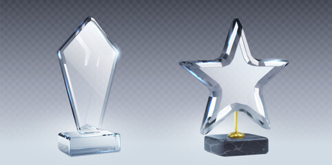 3D glass awards set isolated on transparent background. Vector realistic illustration of rhombus and star shape winner trophies on plastic, stone platforms, honor prize for best result in competition