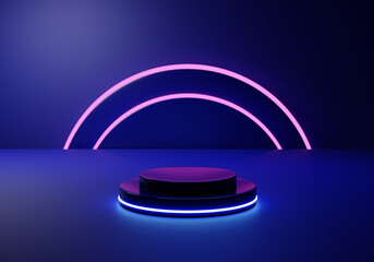 Abstract pink geometric shape, neo light and dark blue background for podium display or showcase. Image 3D rendering.