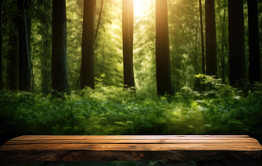 Empty wooden table for product display montages with green forest background and sunlight shiny. High quality photo