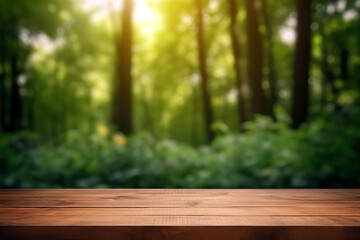 Wooden table top on blurred background of green forest with bokeh sunlight. High quality photo