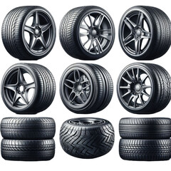 set of car tires with alloy rim isolated with removed background, concept parts for automobile, industry, generative ai