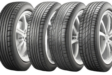 set of car tires with alloy rim isolated with removed background, concept parts for automobile, industry, generative ai