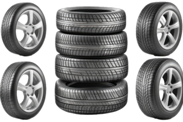 set of car tires with alloy rim isolated with removed background, concept parts for automobile, industry, generative ai