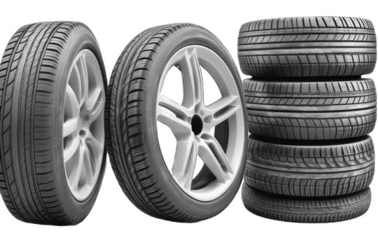 set of car tires with alloy rim isolated with removed background, concept parts for automobile, industry, generative ai
