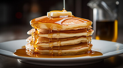 Delicious Pancake Breakfast : A Plate of Fluffy Pancakes with a Cascading Syrup Waterfall, Bathed in the Soft, an Ideal Concept for Breakfast Perfection - obrazy, fototapety, plakaty