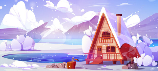Cartoon winter landscape with wooden cabin on tilts covered with snow on shore of lake near rocky mountains. Vector natural snowy scenery with cozy house or hotel for camping and outdoor vacation.
