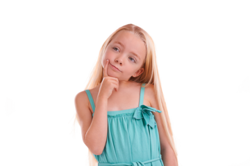 Thinking, face and girl child brainstorming on isolated, transparent or png background. Children, problem solving and female kid model with why, questions or ask, curious or learning emoji expression