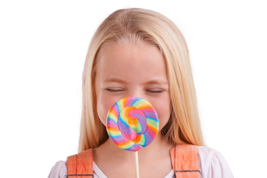 Isolated girl child, lollipop and eyes closed for memory, sweets or cover lips by transparent png background. Kid, candy or dessert with rainbow color snack for smile, fashion and thinking with ideas