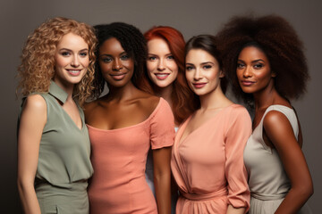 Half-length portrait of five cheerful young diverse multiethnic women. Female friends smiling at camera while posing together. Diversity, beauty, friendship concept. Isolated over grey background.