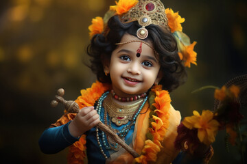Cute indian little boy in lord krishna costume - obrazy, fototapety, plakaty