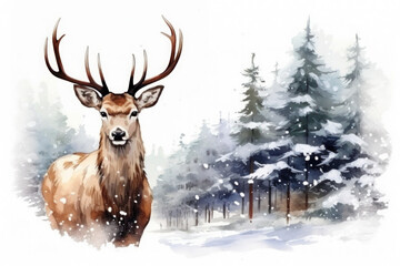 Watercolor deer on background snow forest landscape