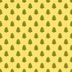 Seamless Pattern of Tasty Christmas Tree Butter Cookies on Creamy Yellow Background
