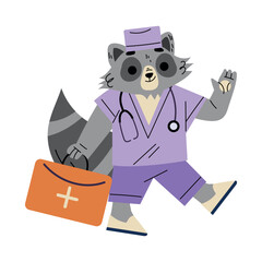 Raccoon Animal Doctor Character Walking with First Aid Kit Box Work in Hospital Vector Illustration
