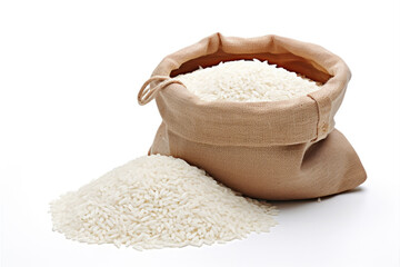 Open burlap bag of white long grained rice on white background