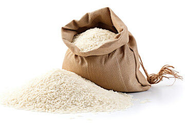 Open burlap bag of white long grained rice on white background