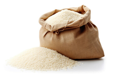 Fototapeta na wymiar Open burlap bag of white long grained rice on white background