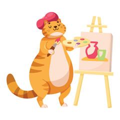 Cat at School Paint with Brush and Drawing Easel Have Lesson and Education Vector Illustration