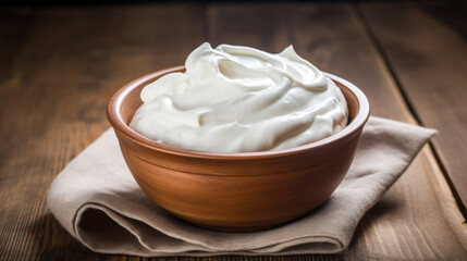 A luscious, smooth white cream is showcased in a wooden bowl, highlighting its glossy texture and rich consistency.