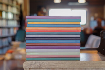 Stack of colorful books on wooden desk in the library room background. Education and knowledge...