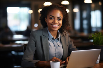 Fototapeta premium Woman is seen sitting at table with laptop. This image can be used to depict professional working environment or person engaged in online activities.