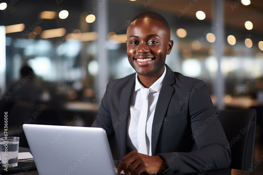 Poster man sitting at table in front of laptop computer. suitable for business, technology, or remote work 
