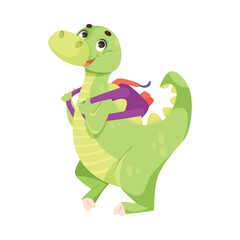 Green Dragon Going to School with Backpack Vector Illustration