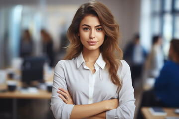 Obraz premium Woman in white shirt standing confidently with her arms crossed. Suitable for business, professional, and confident themes.