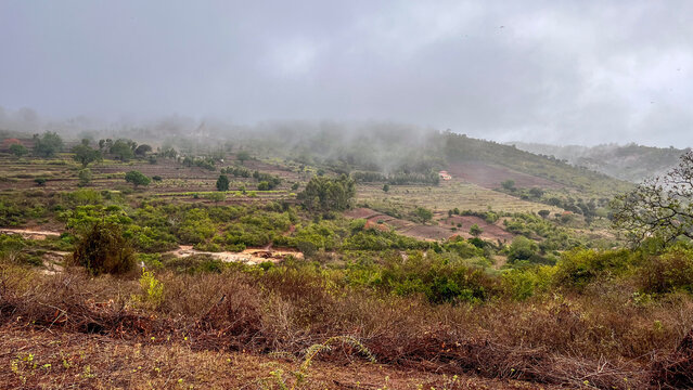 Misty mountain with rolling hills