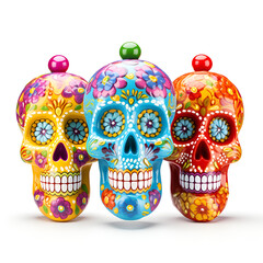 set of skulls with colorful design on white background 