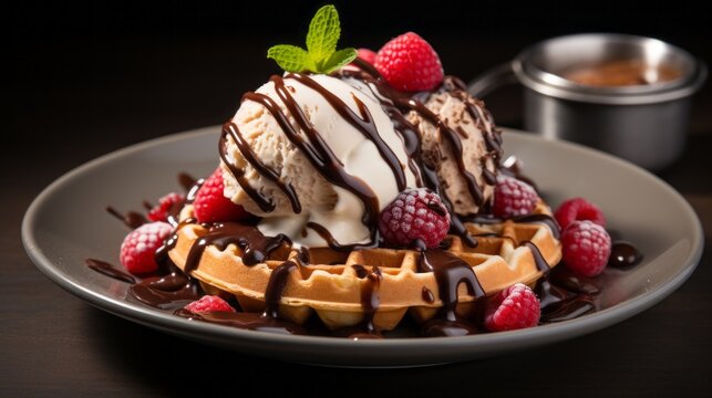 round waffle with ice cream and liquid chokolate topping