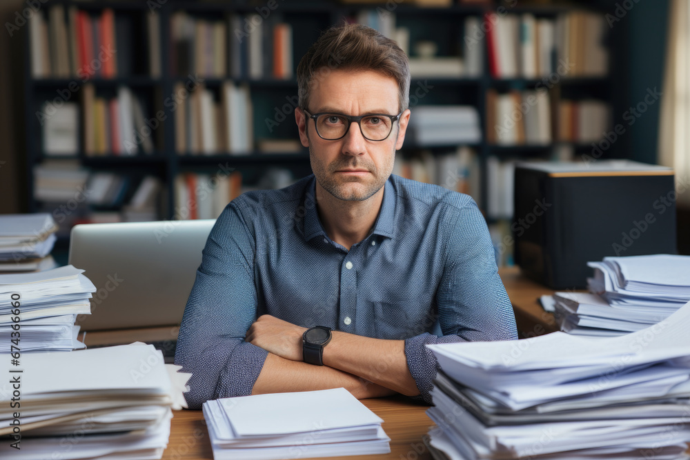Poster man is sitting at desk surrounded by stacks of papers. this image can be used to depict busy work en