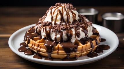 round waffle with ice cream and liquid chokolate topping
