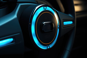 Detailed close-up shot of car's steering wheel. Perfect for automotive industry websites, blogs, or car-related articles.