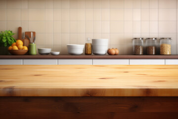 Fototapeta na wymiar Picture of wooden counter top in kitchen. Perfect for showcasing cozy and rustic kitchen atmosphere.