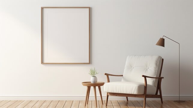 A simple white frame on a plain wall in a living room with a cozy armchair, a small side table, and a reading lamp.
