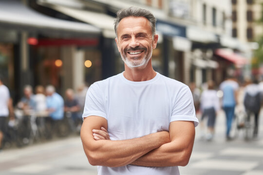 Confident man wearing white t-shirt stands with his arms crossed. This versatile image can be used to convey sense of confidence, determination, or professionalism.