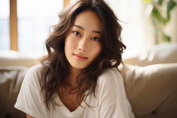 Naklejka premium Woman sitting on top of couch next to window. This versatile image can be used to depict relaxation, solitude, or contemplation.