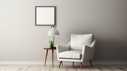 A simple white frame on a plain wall in a living room with a comfortable armchair, a small round table, and a floor lamp.