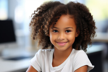 Cute little girl with curly hair is captured smiling at camera. This photo can be used to showcase happiness and innocence in various projects.