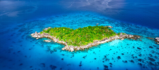 Aerial view of the Similan Islands, Andaman Sea, natural blue waters, tropical sea of Thailand. The islands are shaped like a heart, the beautiful scenery of the island is impressive.