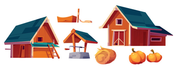 Red wooden farm buildings and harvest. Cartoon vector illustration set of agriculture countryside house and rural equipment - barn, well pipe, drinking trough for cattle, hay roll and ripe pumpkins.