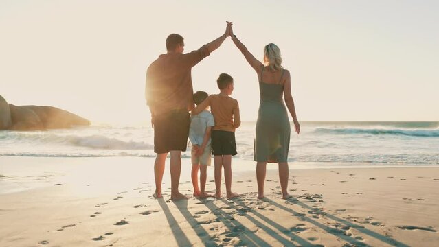 Back, beach and family holding hands, vacation and security with safety, protection and travel. Group, parents or mother with father, children and kids with holiday, seaside or wellness with support
