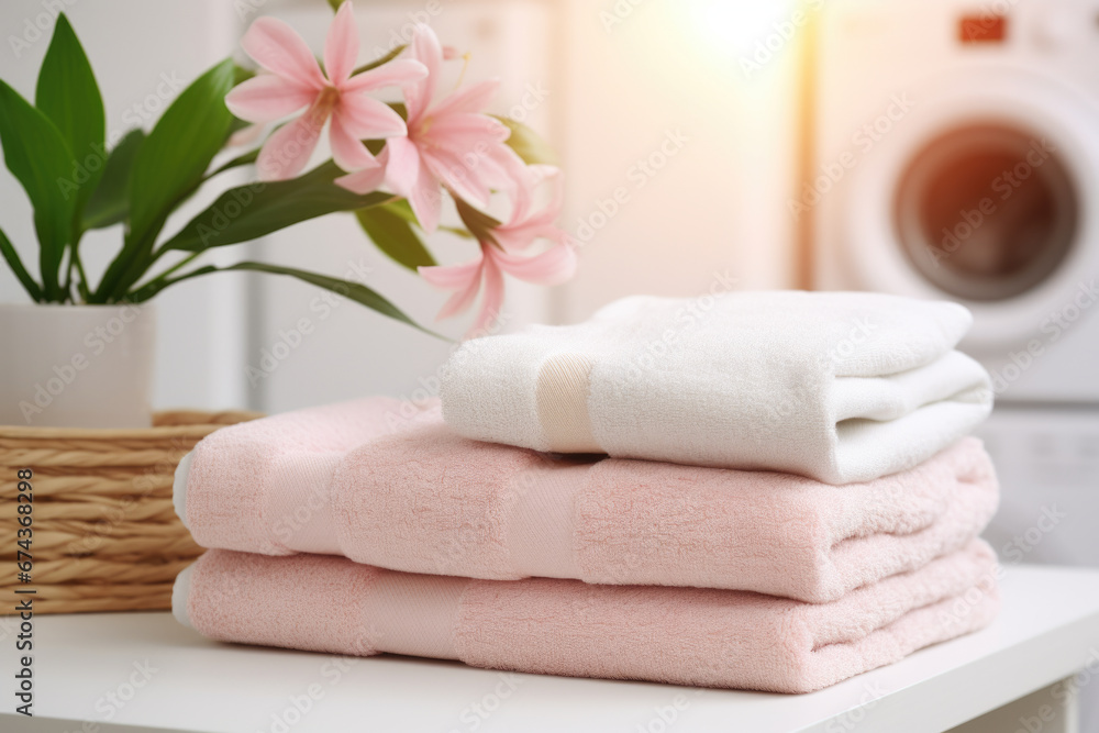 Poster neat stack of towels placed on top of table. this image can be used to showcase clean and organized 