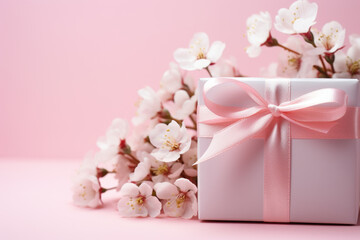 Fototapeta na wymiar Beautifully wrapped white gift box adorned with pink ribbon and surrounded by delicate flowers. Perfect for any special occasion.