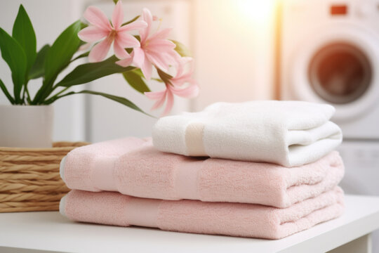 Neat stack of towels placed on top of table. This image can be used to showcase clean and organized lines in hotels, spas, or household settings.