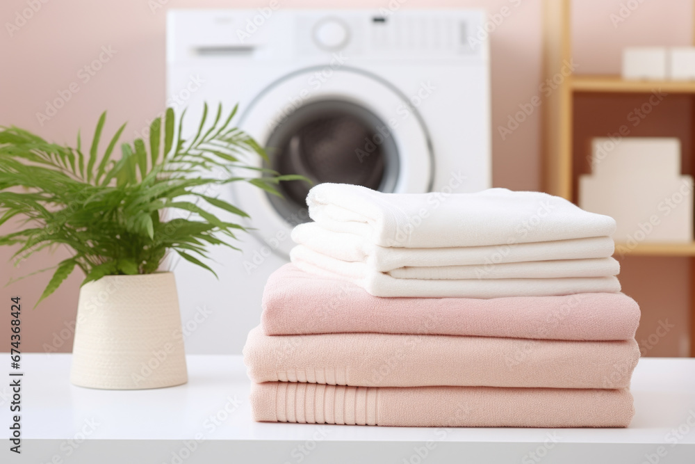 Poster stack of folded towels placed neatly next to washing machine. this image can be used to depict clean
