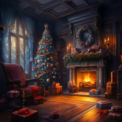 interior christmas. magic glowing tree  fireplace and gifts . Made with generative ai. 